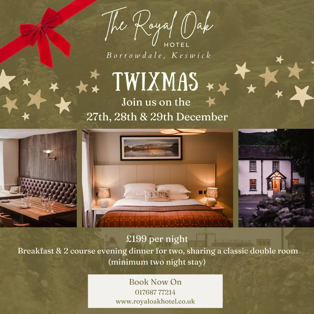 Twixmas hotel offer poster for The Royal Oak Hotel in Borrowdale, Keswick, featuring a red ribbon, festive stars, dining room, bedroom and hotel exterior.