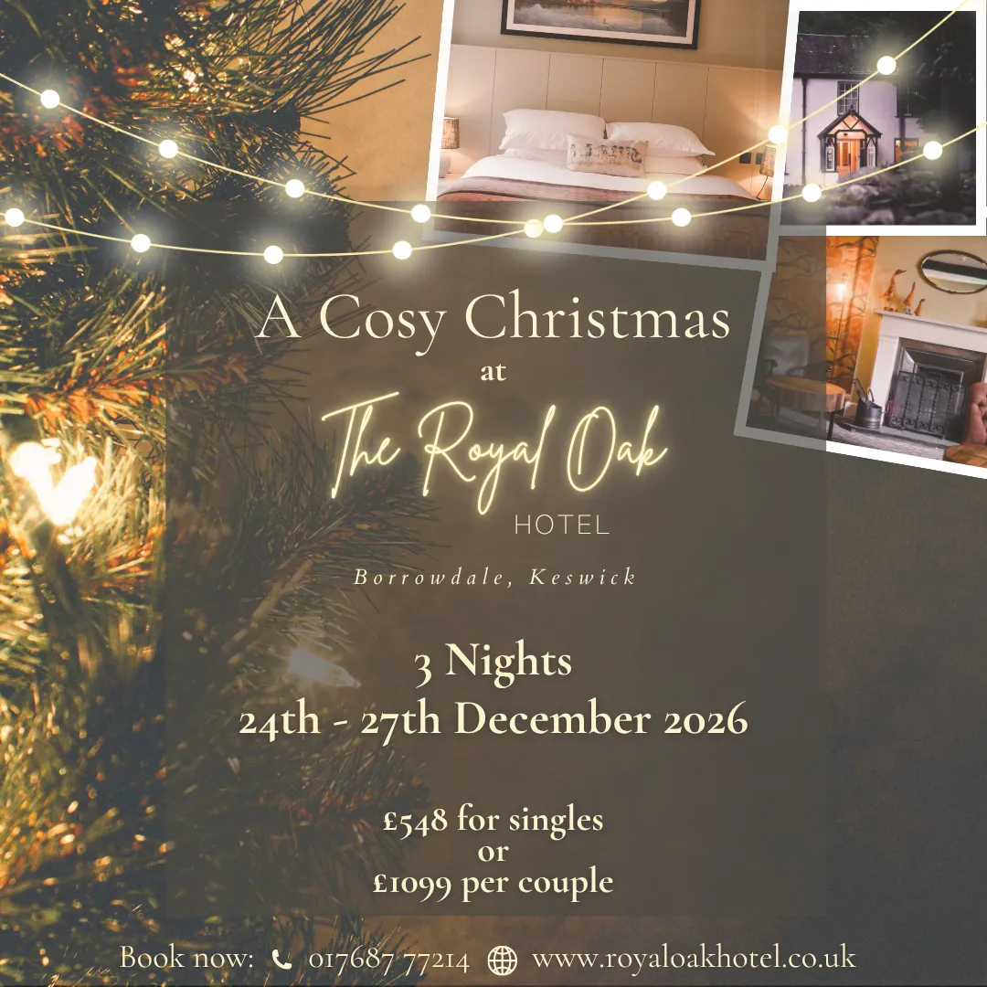 Christmas promotional poster for The Royal Oak Hotel in Borrowdale, Keswick, featuring fairy lights, a decorated tree, bedroom, hotel exterior and fireplace.