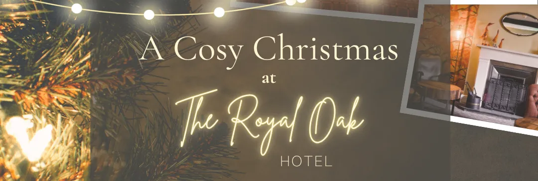 Christmas promotional poster for The Royal Oak Hotel in Borrowdale, Keswick, featuring fairy lights, a decorated tree, bedroom, hotel exterior and fireplace.