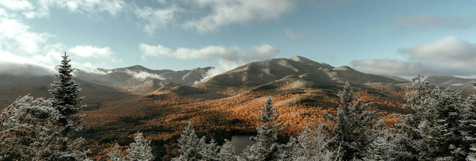 Snow-dusted evergreen forest overlooking autumn mountains beneath a cloudy sky