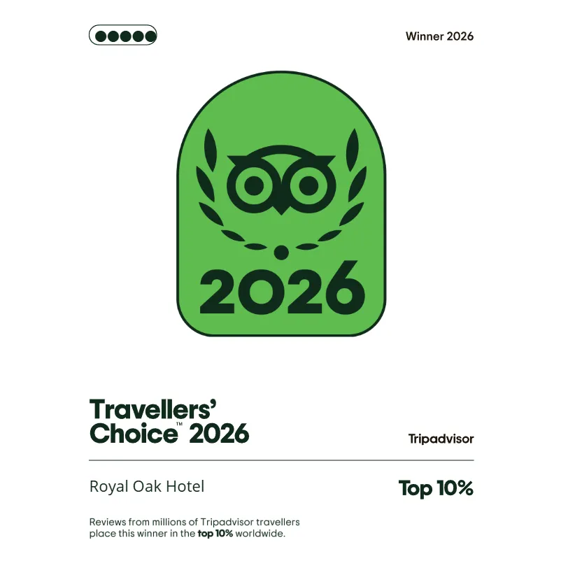 Tripadvisor Travellers’ Choice 2026 award badge for Royal Oak Hotel, recognising it among the top 10% worldwide.
