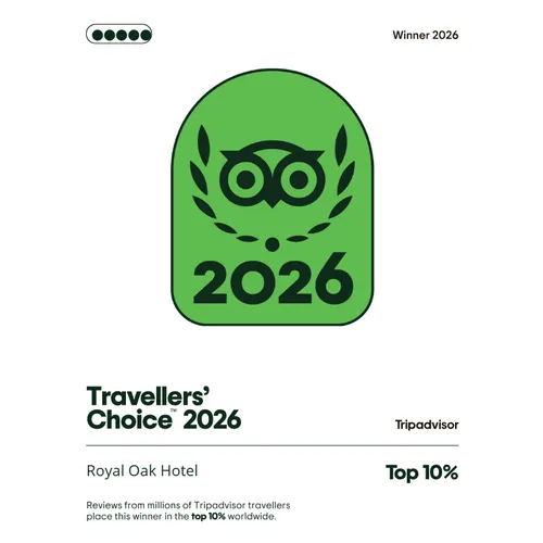 Tripadvisor Travellers’ Choice 2026 award badge for Royal Oak Hotel, recognising it among the top 10% worldwide.