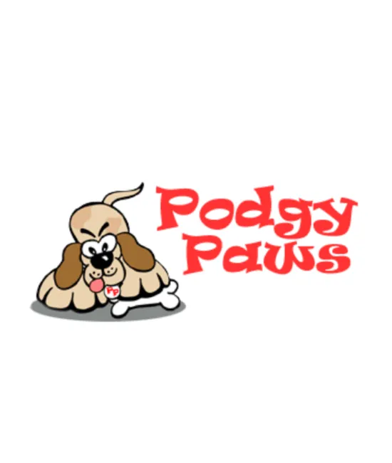 Cartoon beige and brown dog lying beside a bone with red Podgy Paws text
