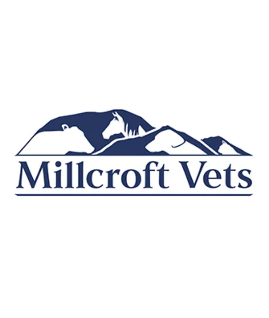 Millcroft Vets logo featuring farm animal silhouettes within a navy mountain landscape above the practice name.