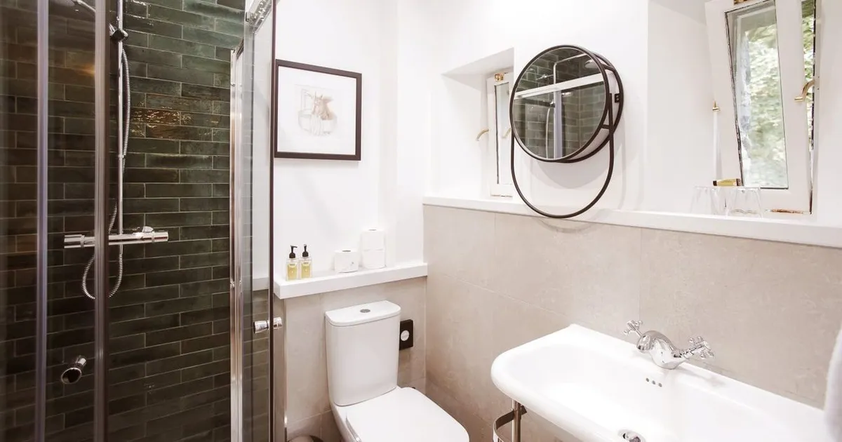 Bright modern bathroom with a glass shower, dark green tiled wall, toilet and white basin.