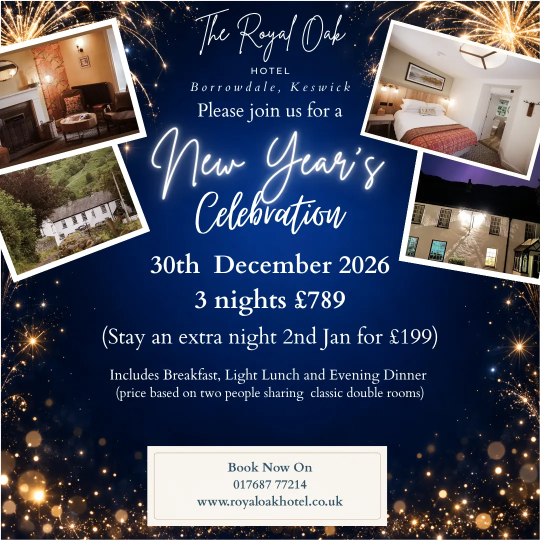 New Year’s celebration advert for The Royal Oak Hotel in Borrowdale, with fireworks and photos of the hotel.