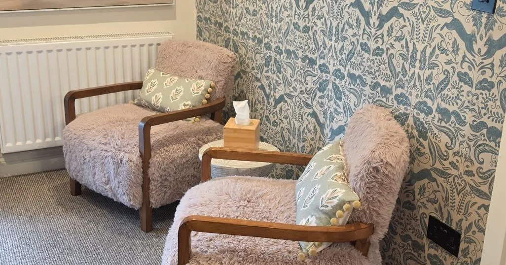 Cosy reading nook with two soft pink armchairs against blue botanical wallpaper.