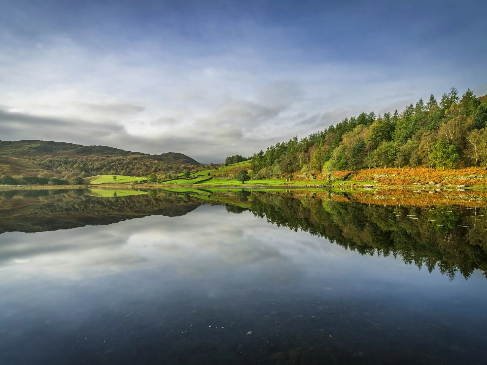 Calm lake at Watendlath reflecting wooded hills, green fields and a cloudy blue sky.