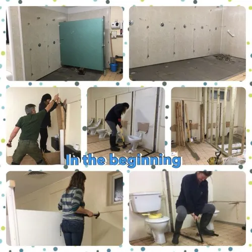 A collage showing several people demolishing and renovating a public restroom with toilet stalls, tools, and construction materials.