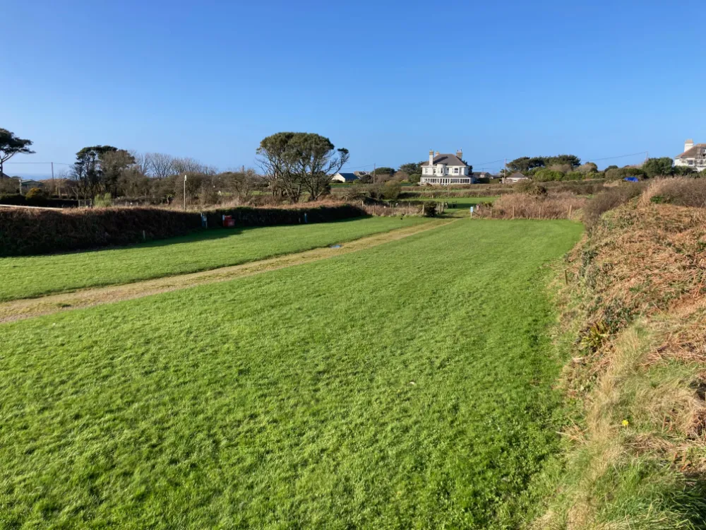 A green grassy field with a dirt path, bordered by hedges and trees, with a large house in the background under a clear blue sky.