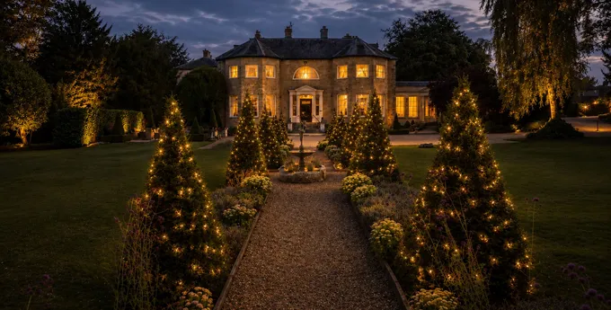 Washingborough Hall at Christmas with twinkling lights, illuminated gardens and the Georgian country house glowing at dusk.