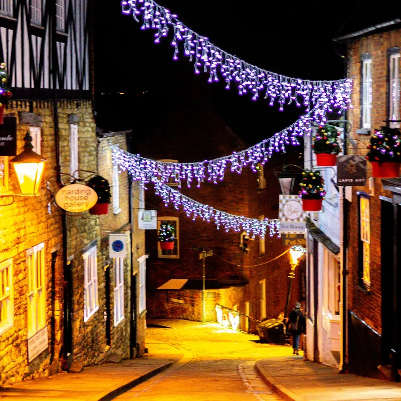 A narrow cobbled street at night beneath purple-white Christmas lights, with warmly lit historic buildings on either side.