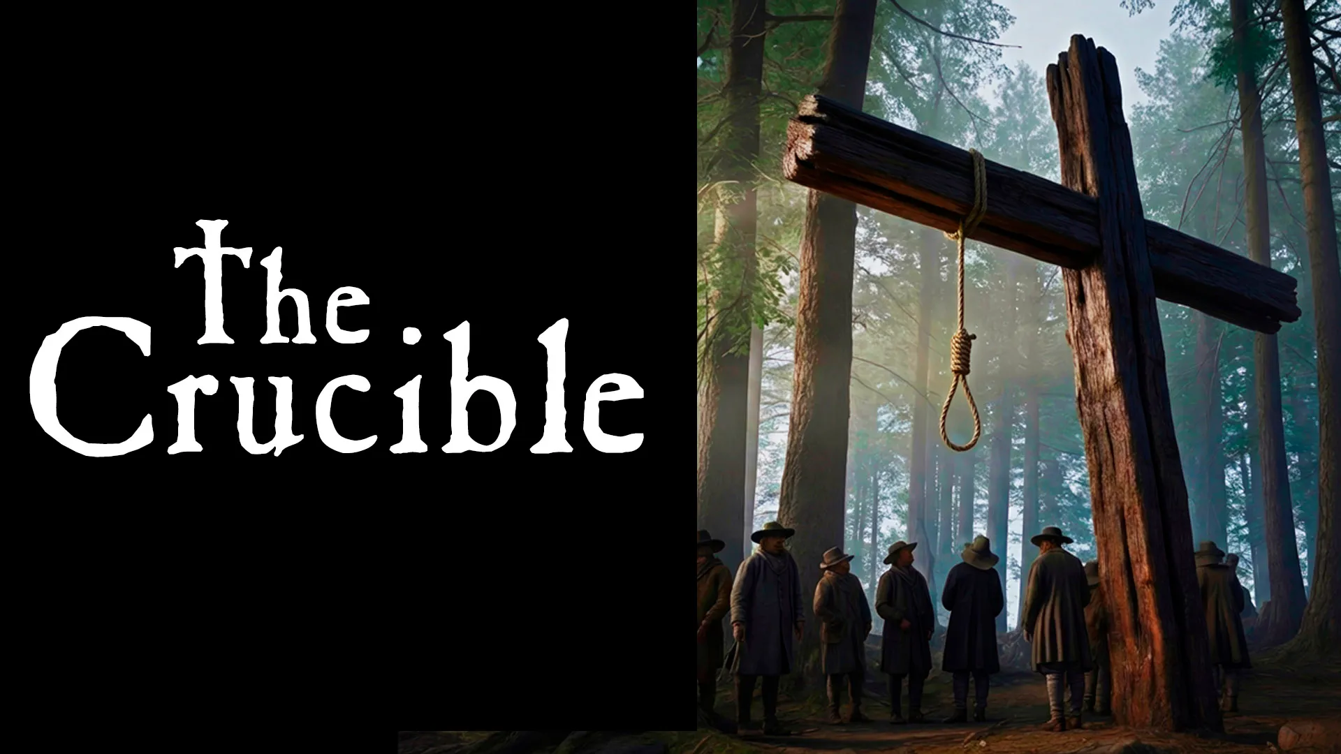 The Crucible title next to a noose hanging from a wooden structure in a forest with people in historical attire standing nearby.