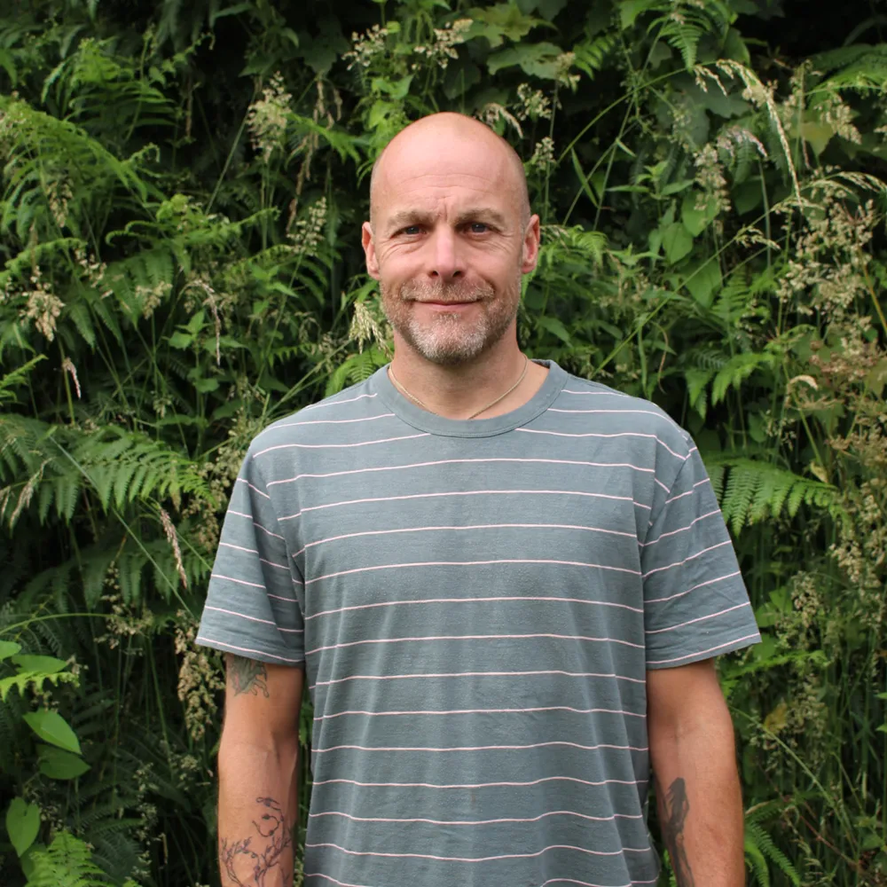 Man with a bald head and beard wearing a striped T-shirt standing in front of green foliage.