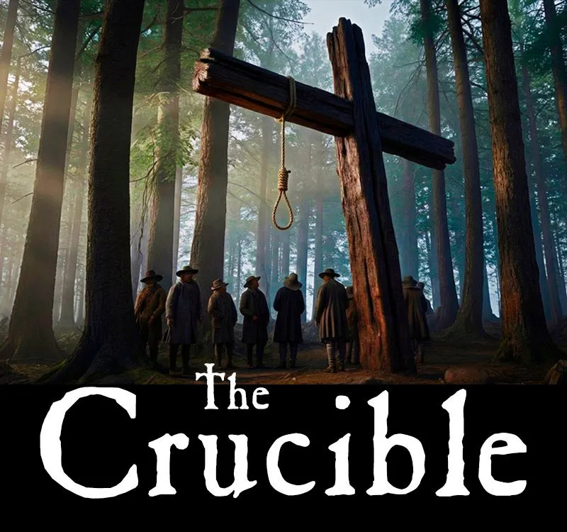 The Crucible poster showing a group of people in colonial-era clothing standing in a forest next to a large wooden gallows with a noose.