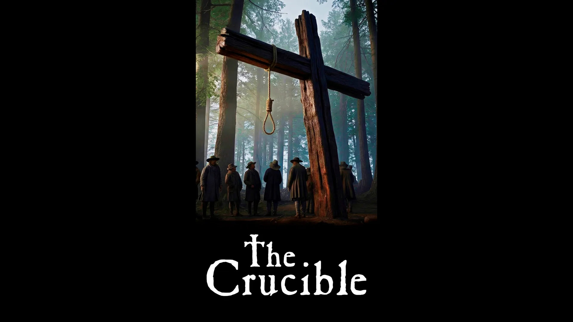 A group of people in colonial clothing standing in a forest near a large wooden cross with a noose, with the title 'The Crucible' below.